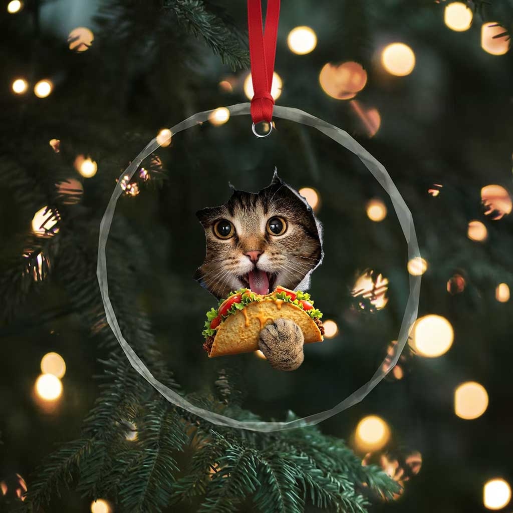 Funny Cat Eating Taco Crystal Glass Ornament Mexican Food Lover Gift