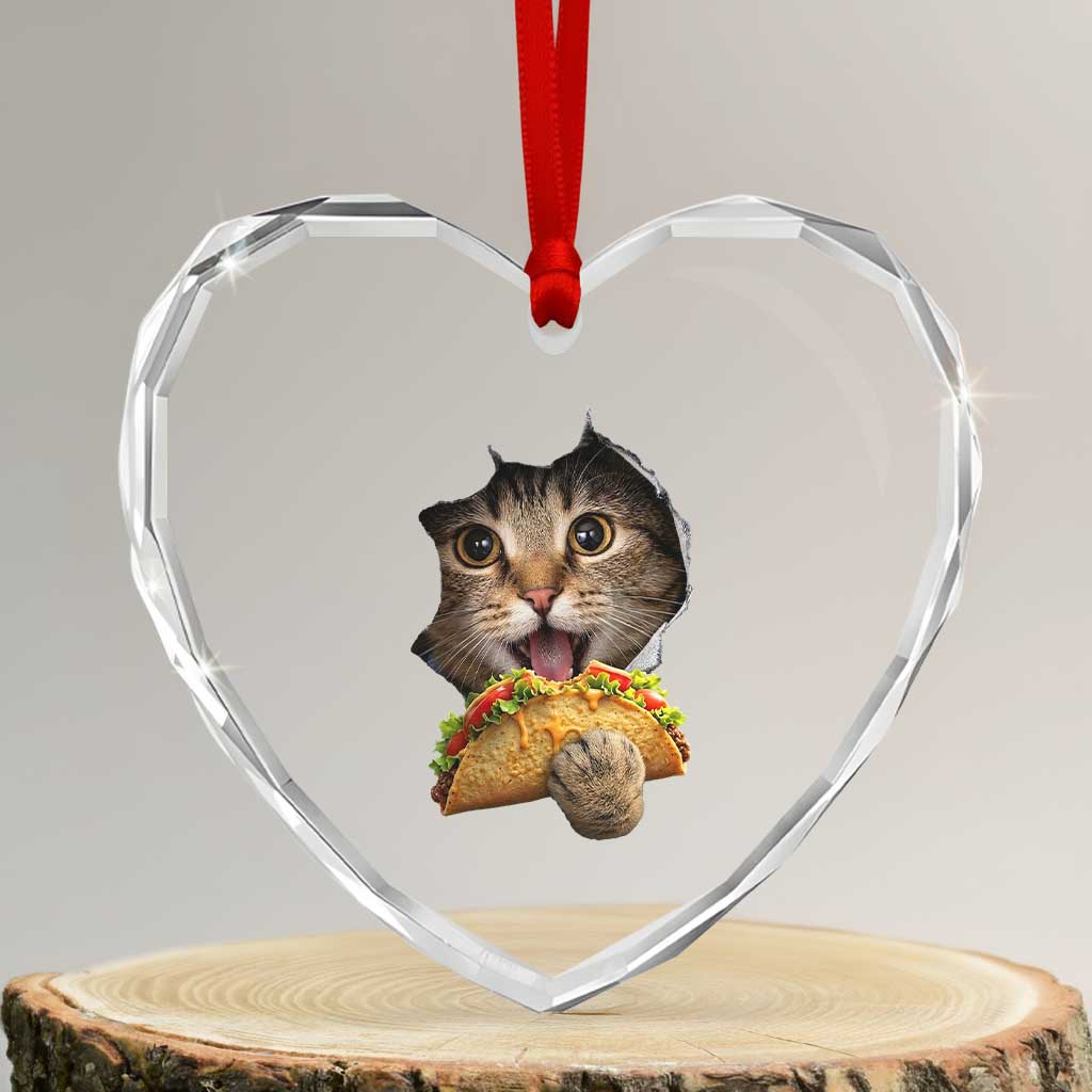 Funny Cat Eating Taco Heart Crystal Glass Ornament Mexican Food Lover Gift