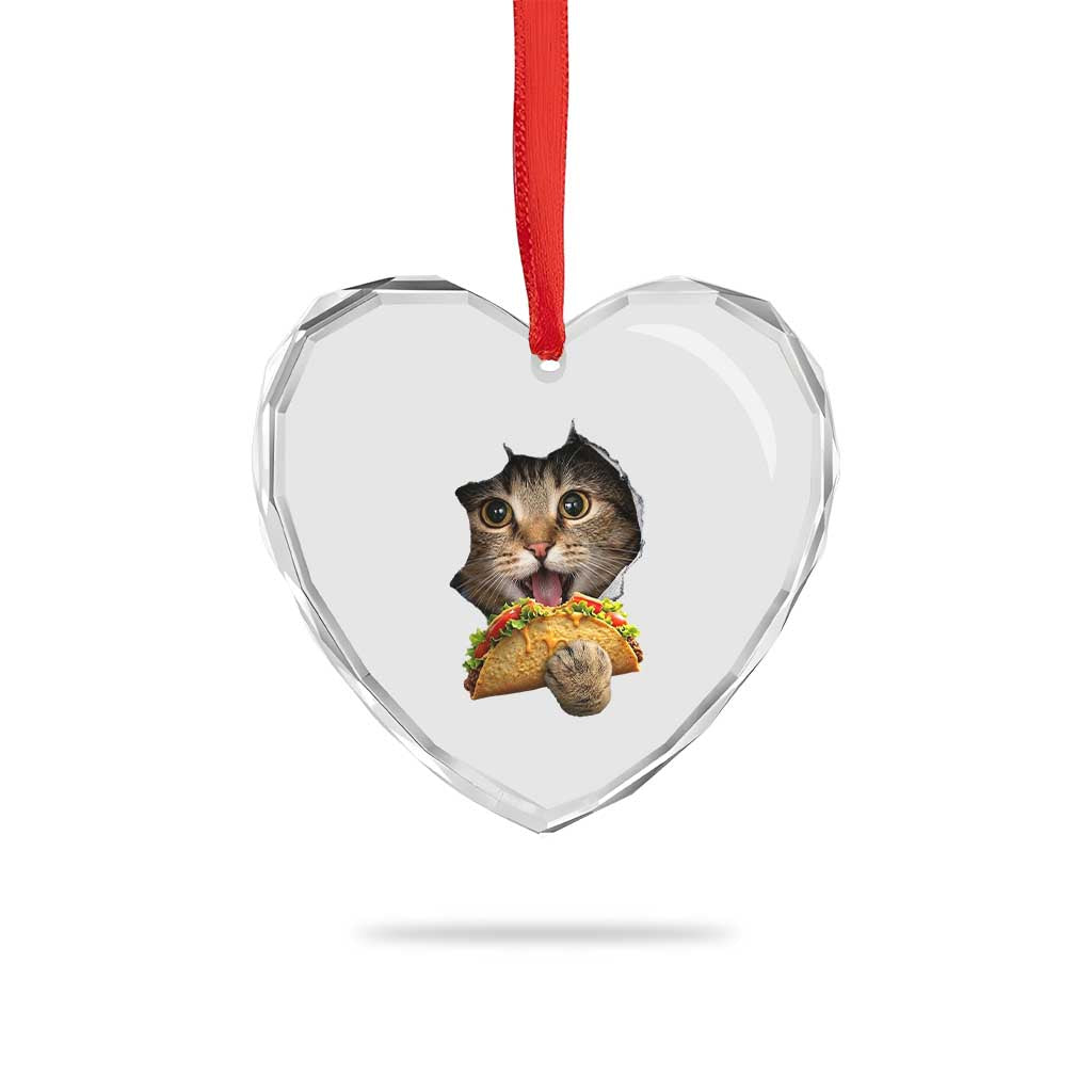 Funny Cat Eating Taco Heart Crystal Glass Ornament Mexican Food Lover Gift