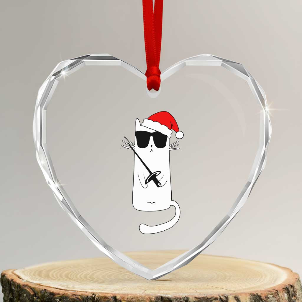 Funny Cat Fencing Christmas Heart Crystal Glass Ornament Cute Kitty Lover - Wonder Print Shop