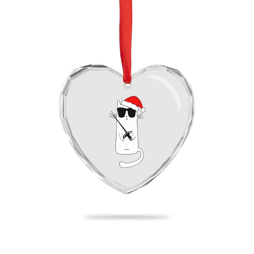 Funny Cat Fencing Christmas Heart Crystal Glass Ornament Cute Kitty Lover - Wonder Print Shop