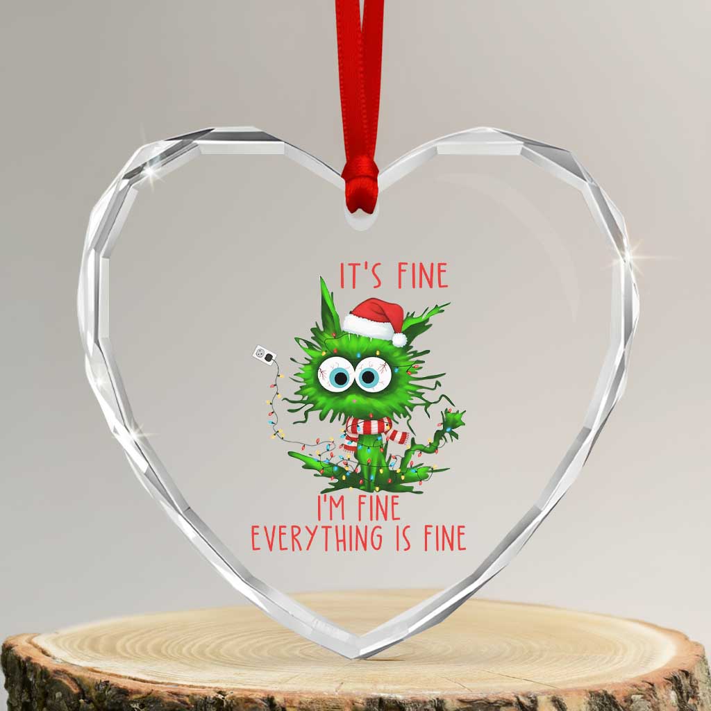 Funny Cat Green Christmas Heart Crystal Glass Ornament It Is Fine I Am Fine Everything Is Fine - Wonder Print Shop