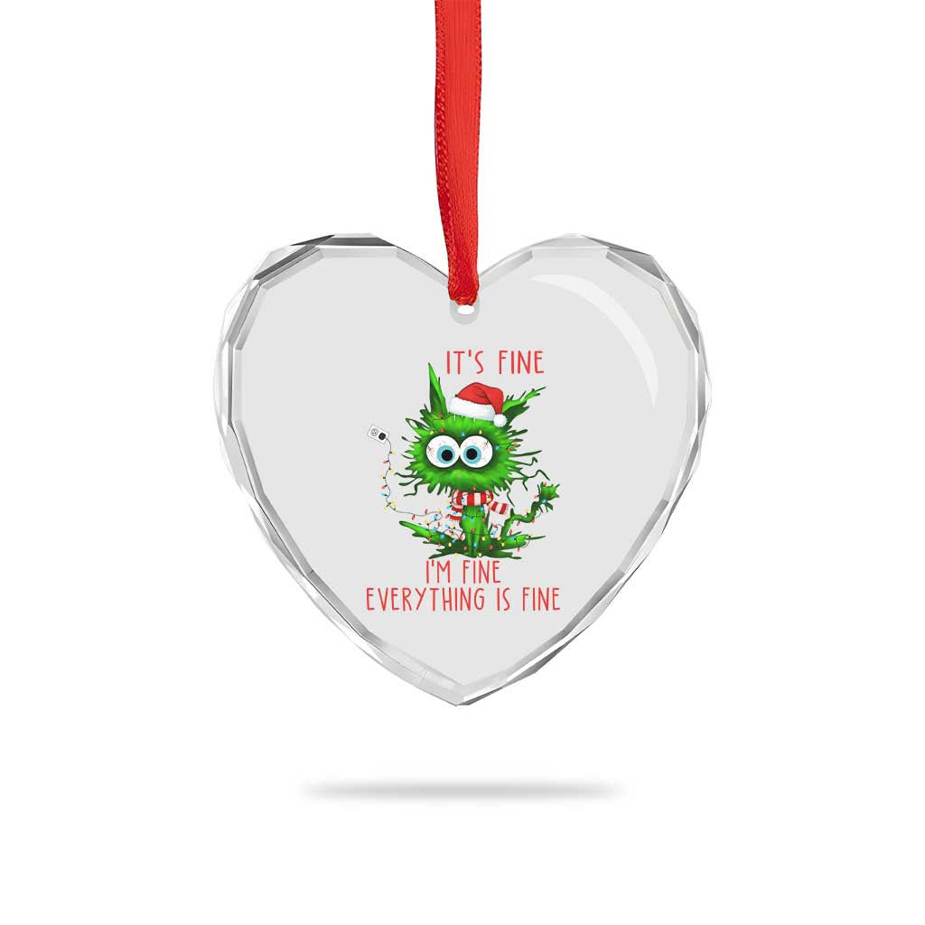Funny Cat Green Christmas Heart Crystal Glass Ornament It Is Fine I Am Fine Everything Is Fine - Wonder Print Shop