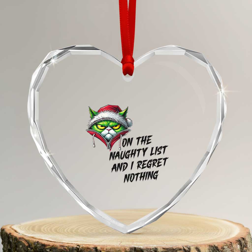 Funny Cat Green Christmas Heart Crystal Glass Ornament On The Naughty List And I Regret Nothing - Wonder Print Shop