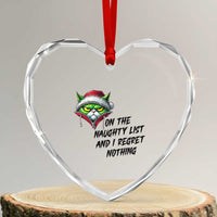 Funny Cat Green Christmas Heart Crystal Glass Ornament On The Naughty List And I Regret Nothing - Wonder Print Shop