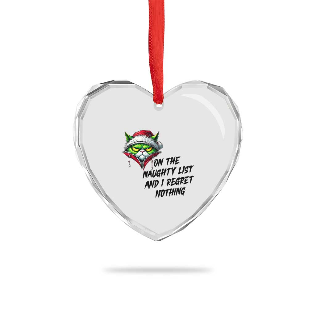 Funny Cat Green Christmas Heart Crystal Glass Ornament On The Naughty List And I Regret Nothing - Wonder Print Shop
