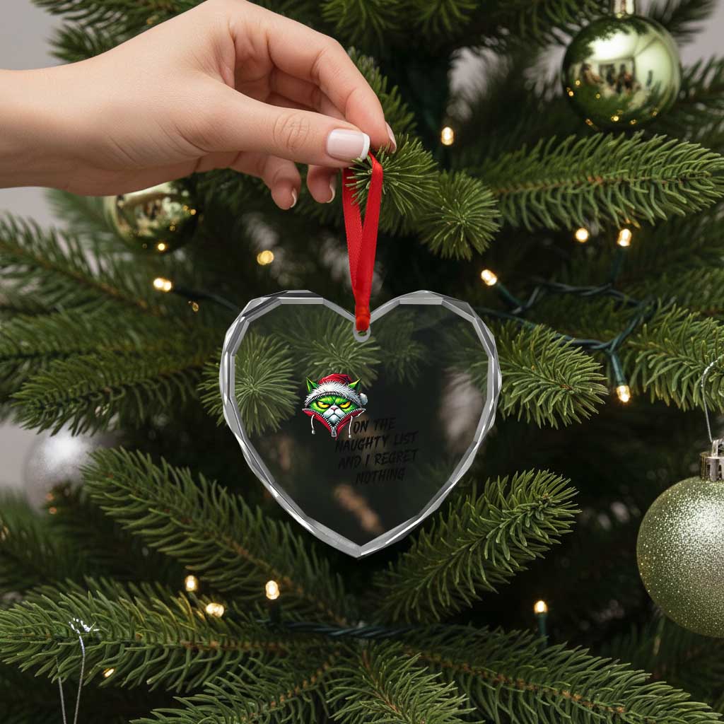 Funny Cat Green Christmas Heart Crystal Glass Ornament On The Naughty List And I Regret Nothing - Wonder Print Shop