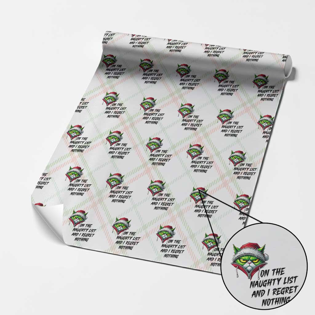 Funny Cat Green Christmas Wrapping Paper Roll On The Naughty List And I Regret Nothing - Wonder Print Shop