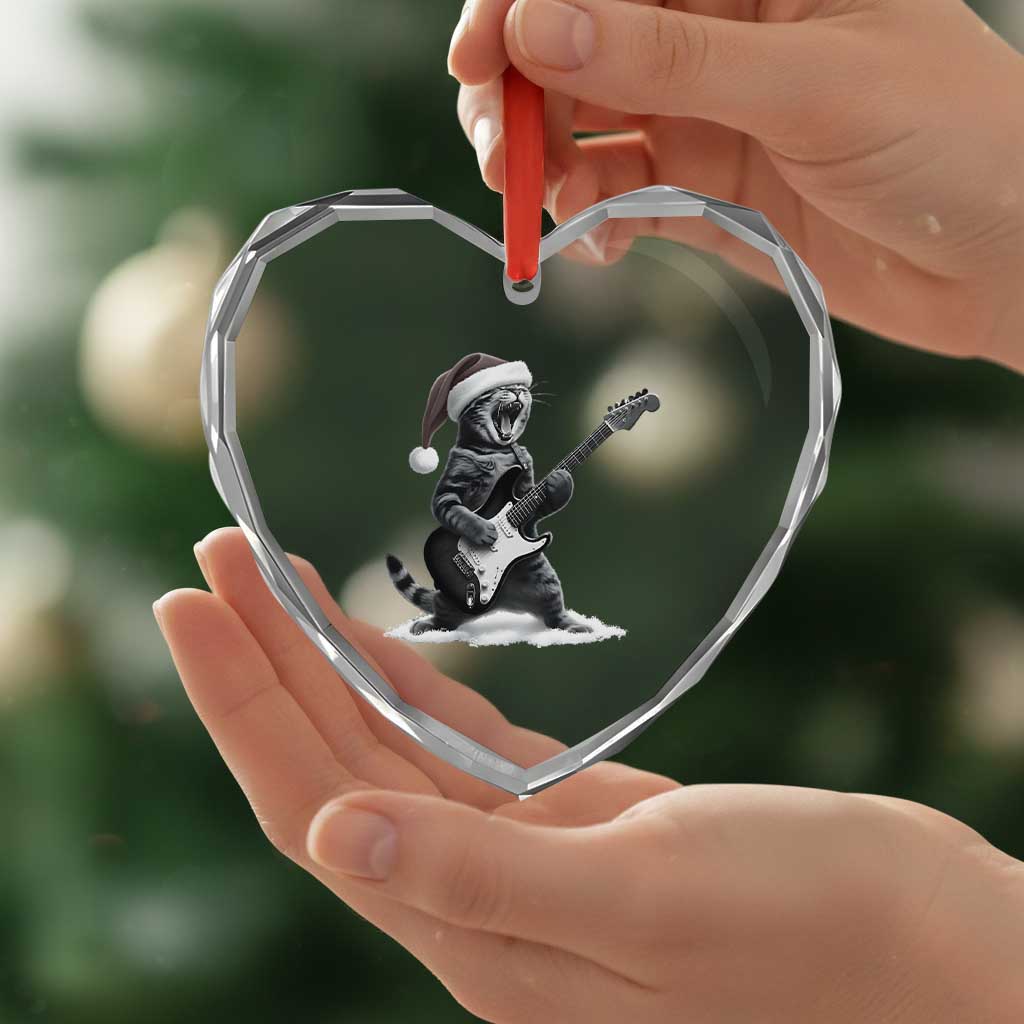 Funny Cat Guitar Heart Crystal Glass Ornament Rock and Roll Christmas - Wonder Print Shop