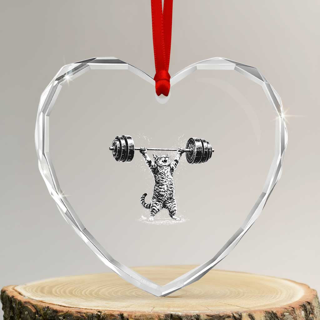Funny Cat Gym Heart Crystal Glass Ornament Weightlifting Workout