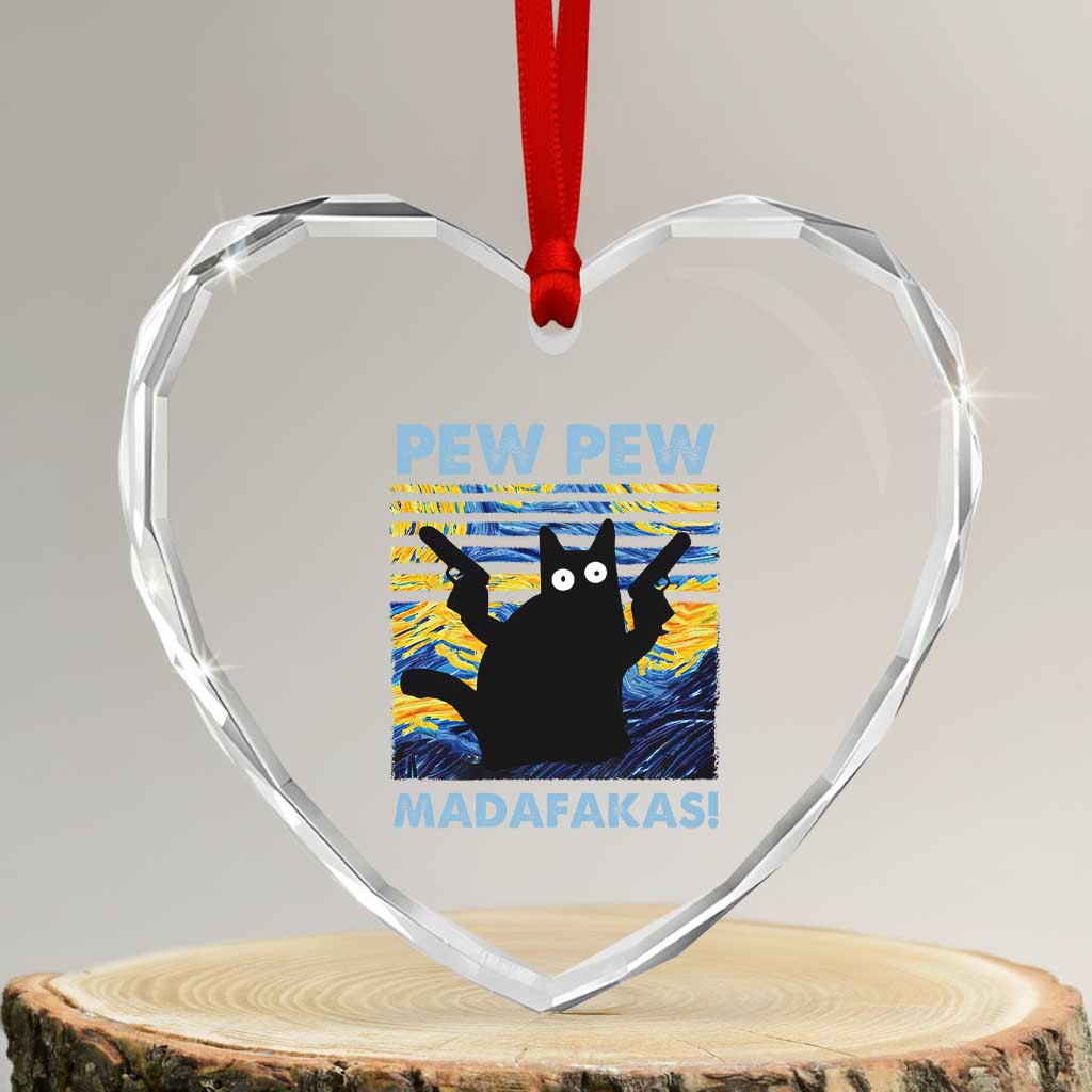 Funny Cat Heart Crystal Glass Ornament Pew Pew Madafakas Retro Vintage Starry Night - Wonder Print Shop