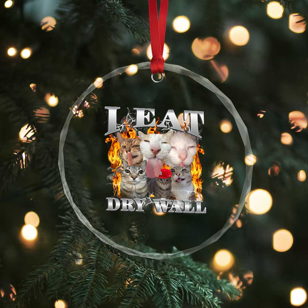 Funny Cat Meme Bootleg Graphic Crystal Glass Ornament I Eat Drywall Funny Weird Cursed Internet Memes