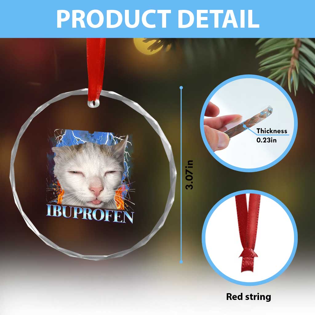 Funny Cat Meme Crystal Glass Ornament Ibuprofen Silly Kitten - Wonder Print Shop