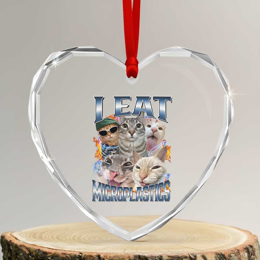 Funny Cat Meme Heart Crystal Glass Ornament I Eat Microplastics - Wonder Print Shop