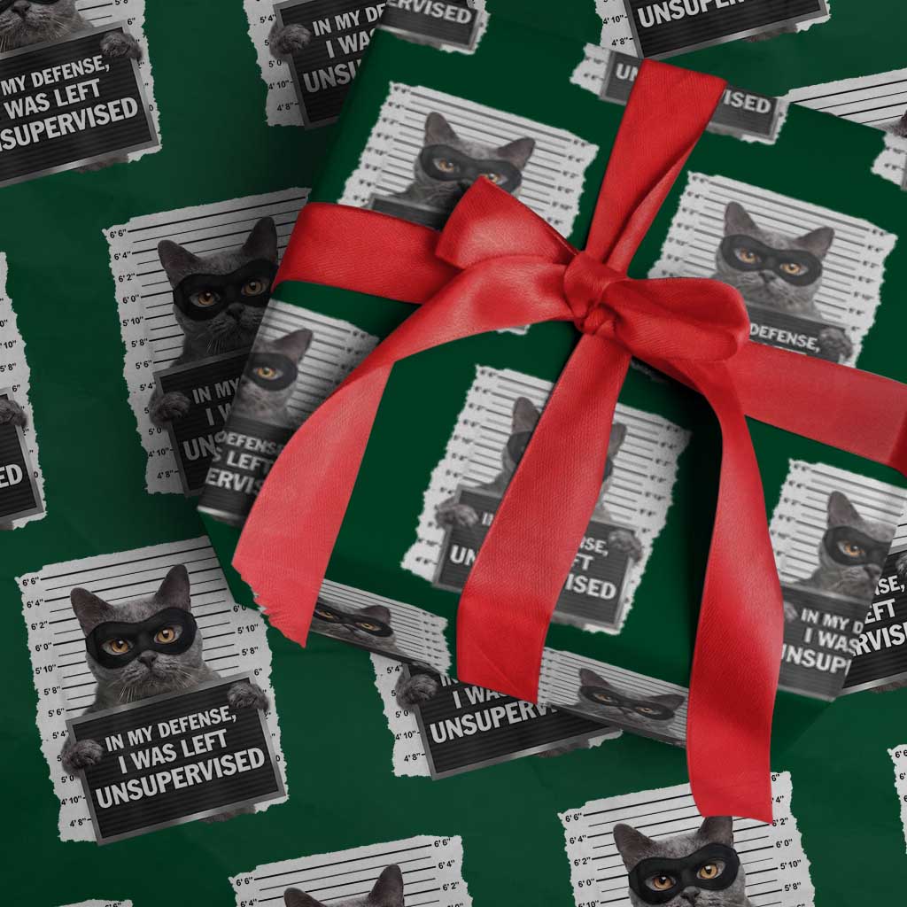 Funny Cat Mugshot Wrapping Paper Roll In My Defense I Was Left Unsupervised