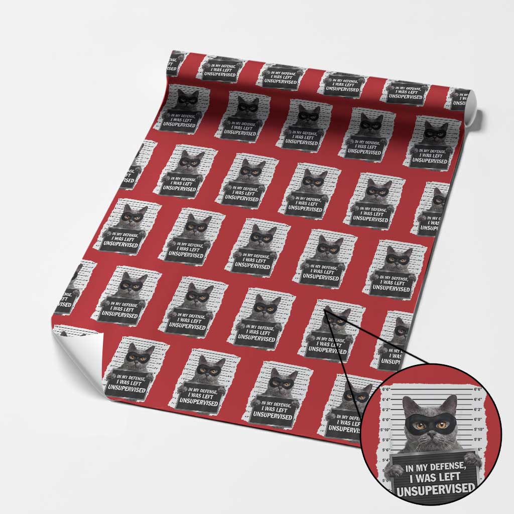 Funny Cat Mugshot Wrapping Paper Roll In My Defense I Was Left Unsupervised