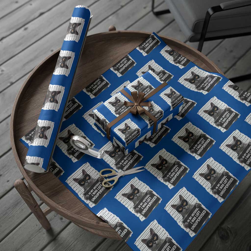 Funny Cat Mugshot Wrapping Paper Roll In My Defense I Was Left Unsupervised