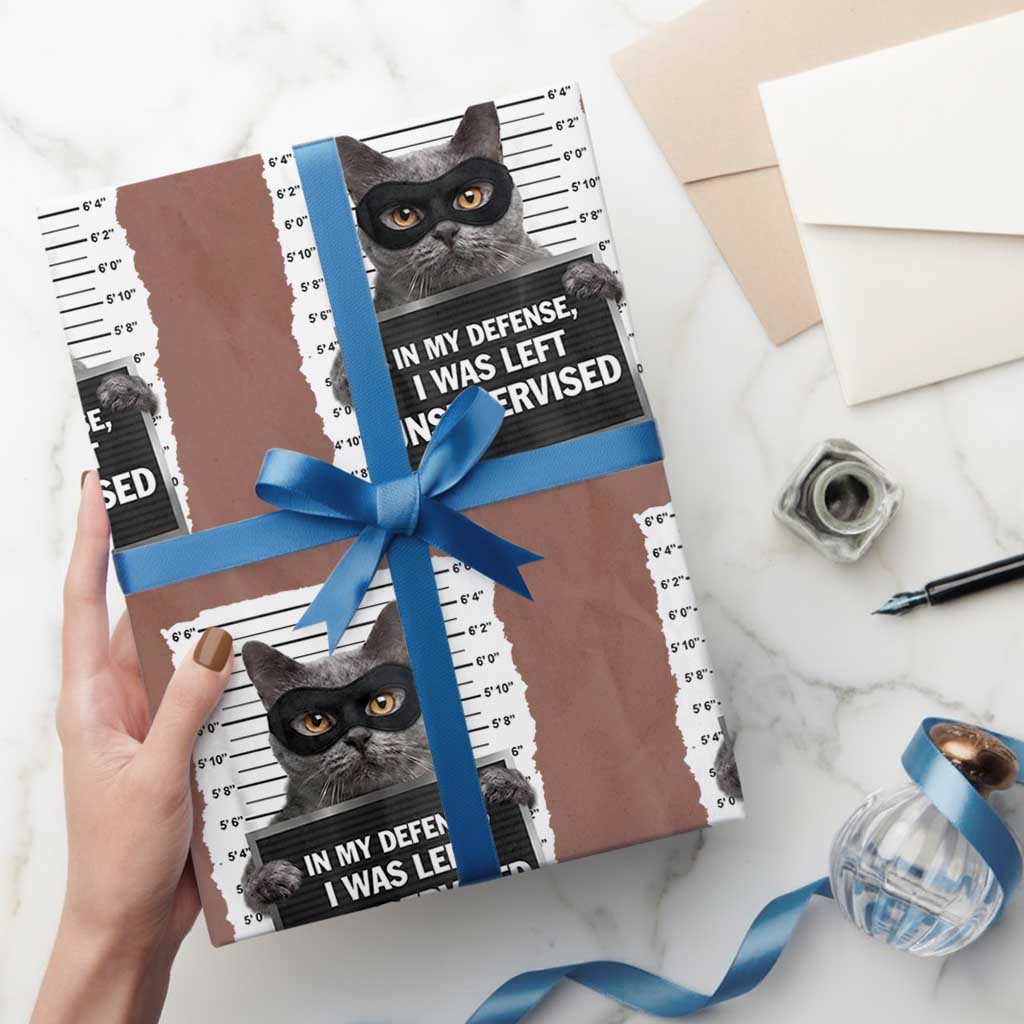 Funny Cat Mugshot Wrapping Paper Roll In My Defense I Was Left Unsupervised