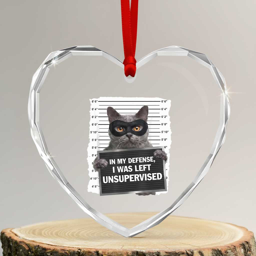 Funny Cat Mugshot Heart Crystal Glass Ornament In My Defense I Was Left Unsupervised