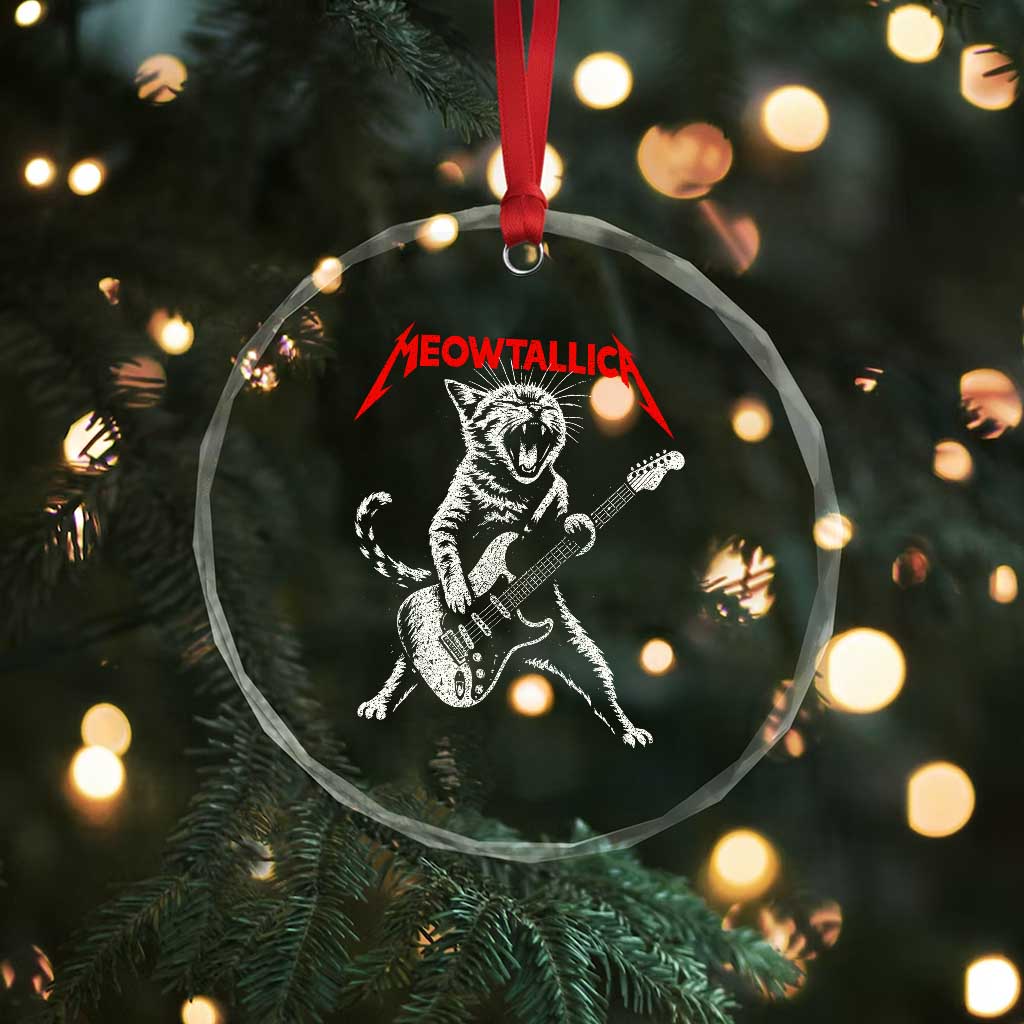 Funny Cat Playing Guitar Crystal Glass Ornament Vintage 90s Classic Rock Star Cat Graphic Rock and Roll - Wonder Print Shop