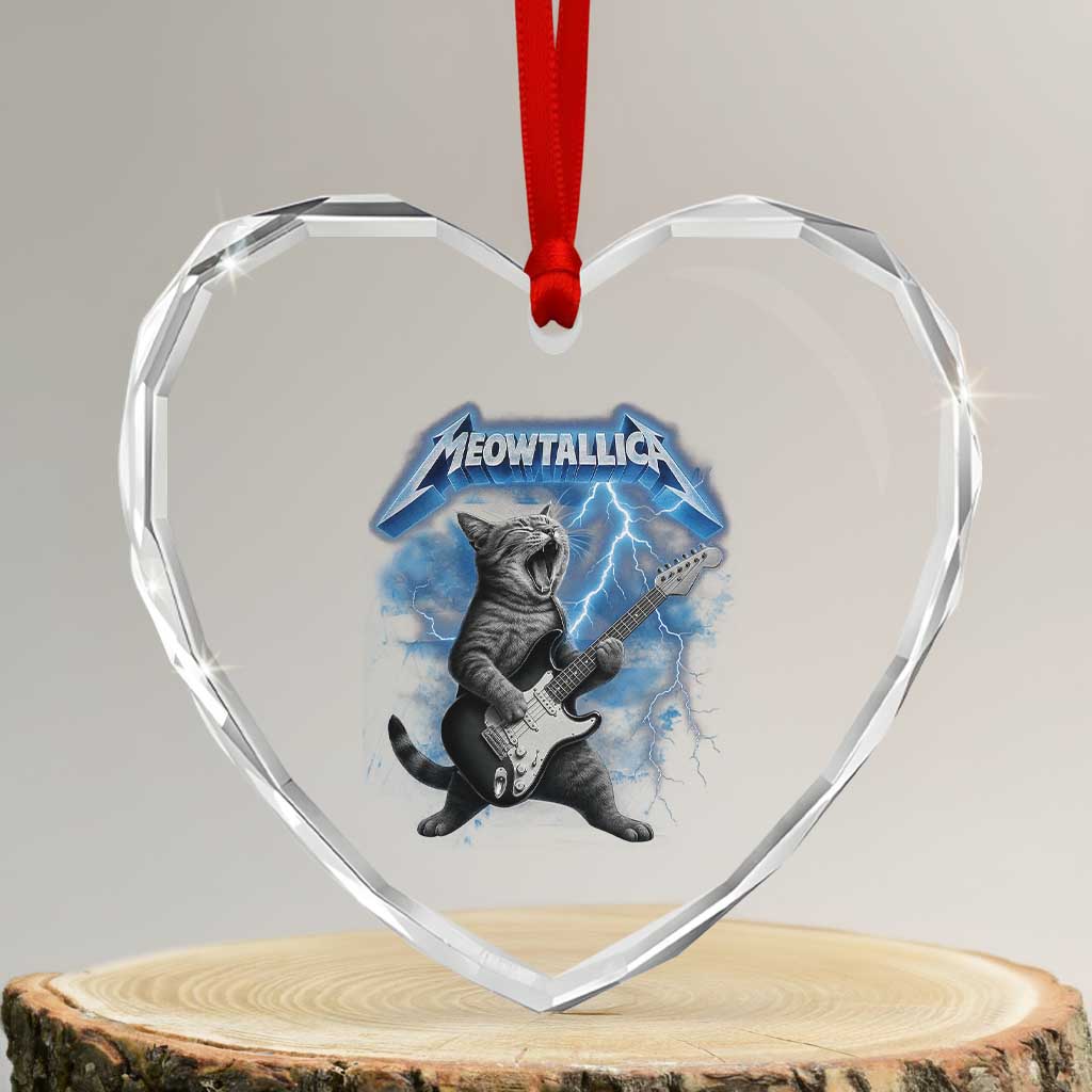 Funny Cat Playing Guitar Heart Crystal Glass Ornament Vintage 90s Style Bootleg Graphic Rock Star Rock Cat - Wonder Print Shop