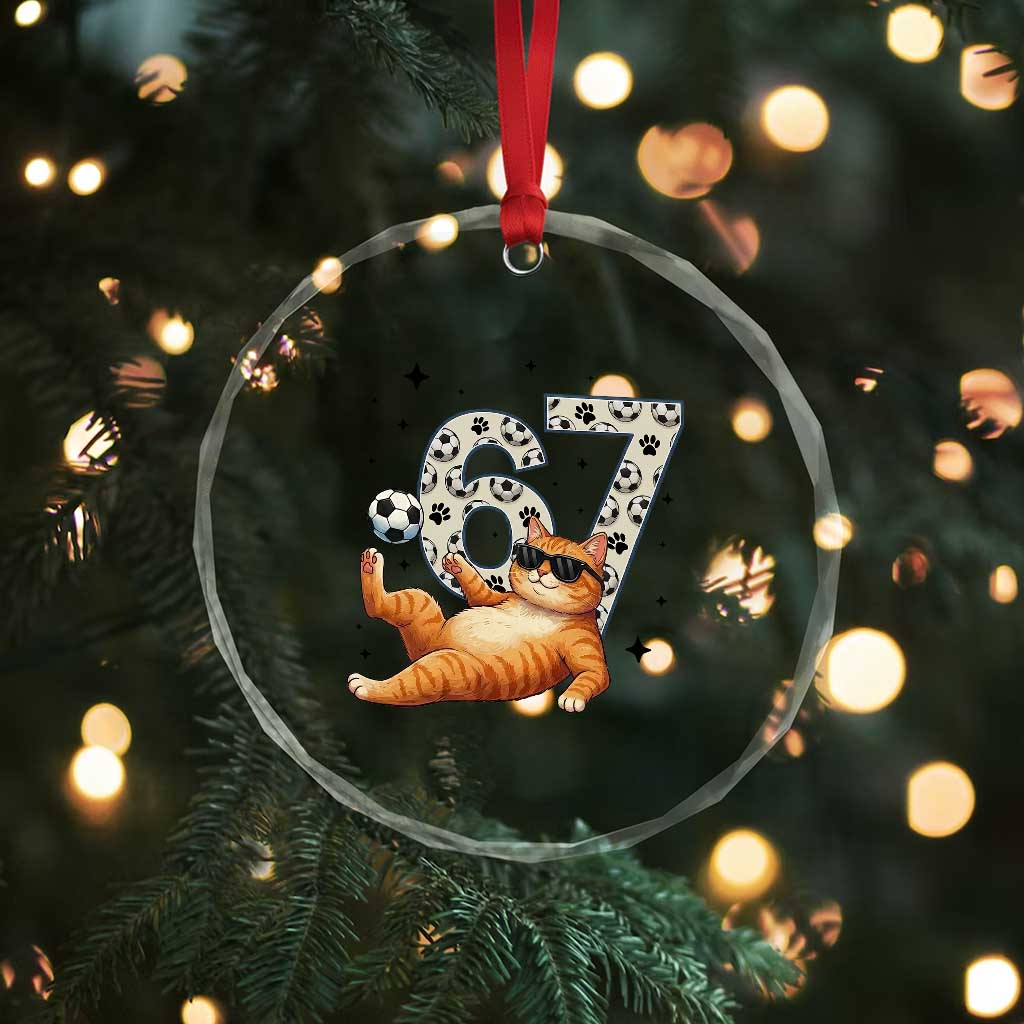 Funny Cat Playing Soccer Crystal Glass Ornament Six Seven Meme