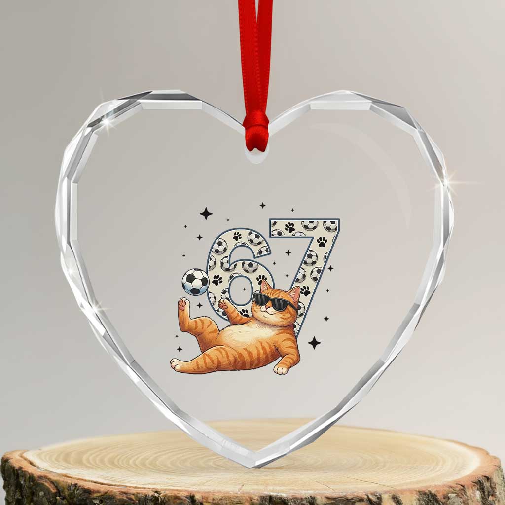 Funny Cat Playing Soccer Heart Crystal Glass Ornament Six Seven Meme
