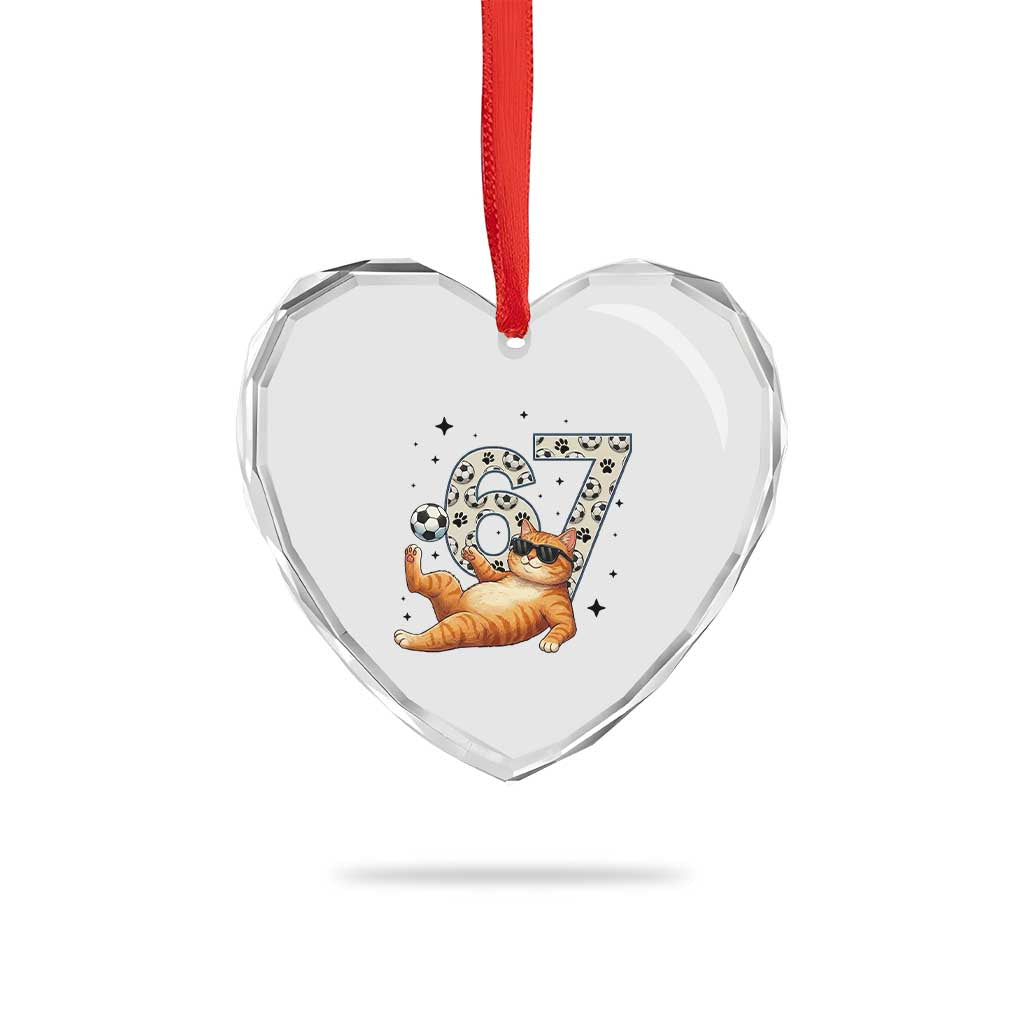 Funny Cat Playing Soccer Heart Crystal Glass Ornament Six Seven Meme