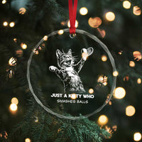 Funny Cat Plays Tennis Crystal Glass Ornament Just A Kitty Who Smashes Balls - Wonder Print Shop