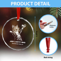 Funny Cat Plays Tennis Crystal Glass Ornament Just A Kitty Who Smashes Balls - Wonder Print Shop