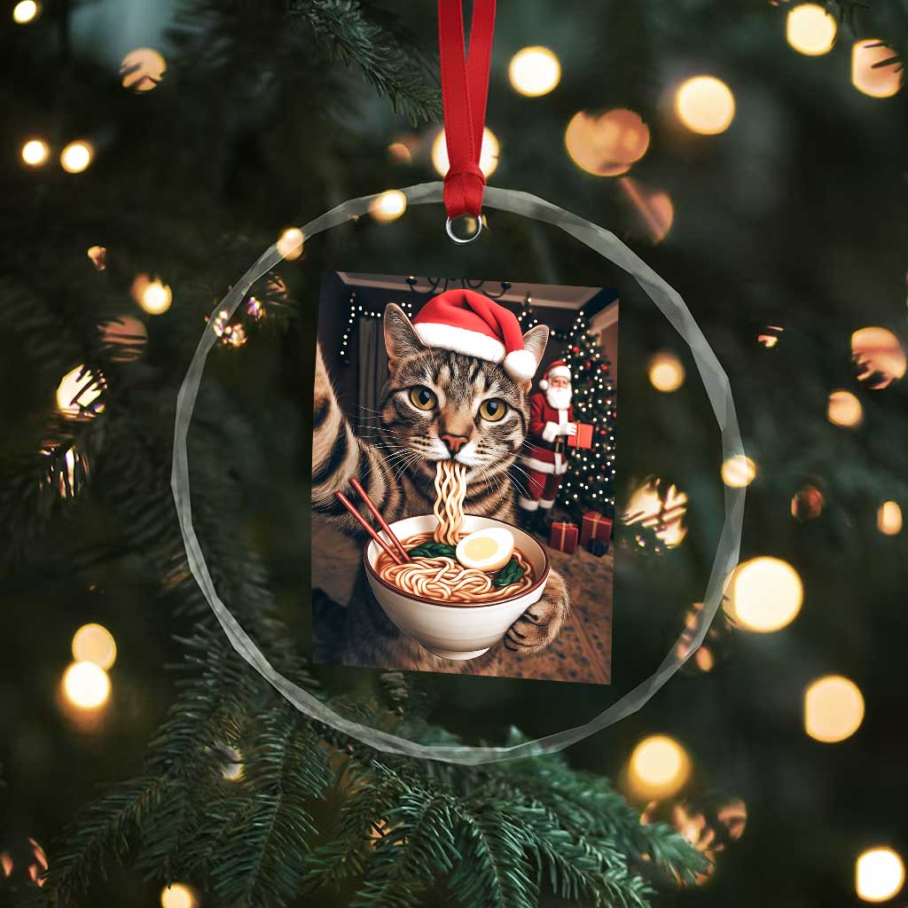 Funny Cat Ramen Selfie With Santa Christmas Crystal Glass Ornament - Wonder Print Shop