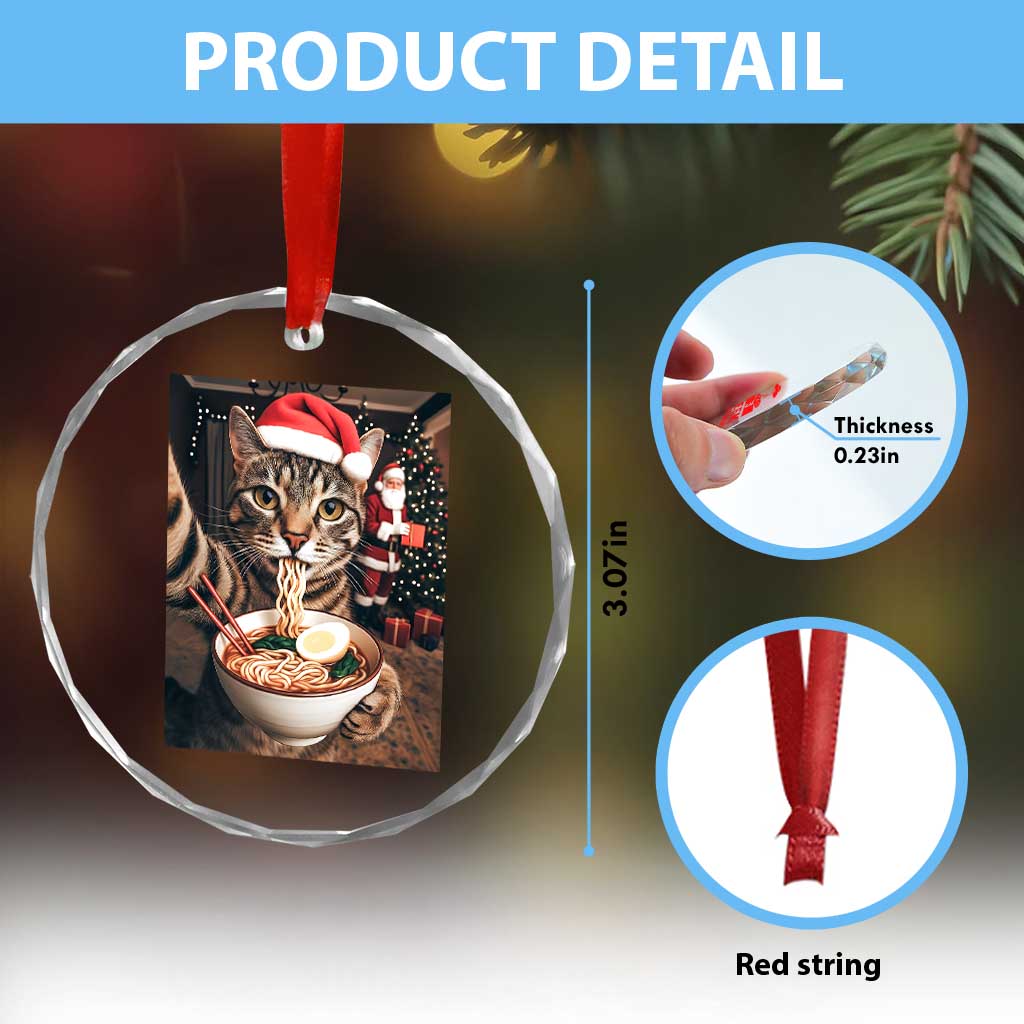 Funny Cat Ramen Selfie With Santa Christmas Crystal Glass Ornament - Wonder Print Shop