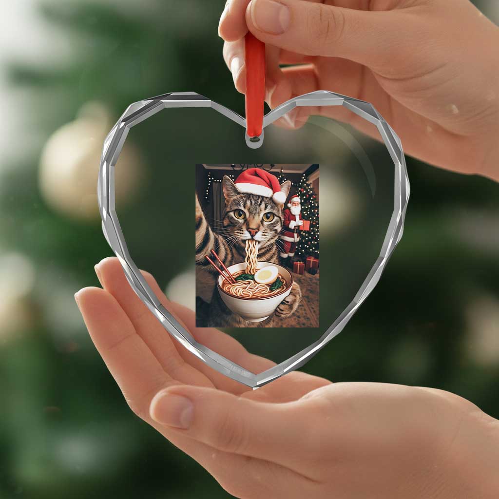 Funny Cat Ramen Selfie With Santa Christmas Heart Crystal Glass Ornament - Wonder Print Shop