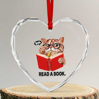 Funny Cat Reading Heart Crystal Glass Ornament Book Lover - Wonder Print Shop