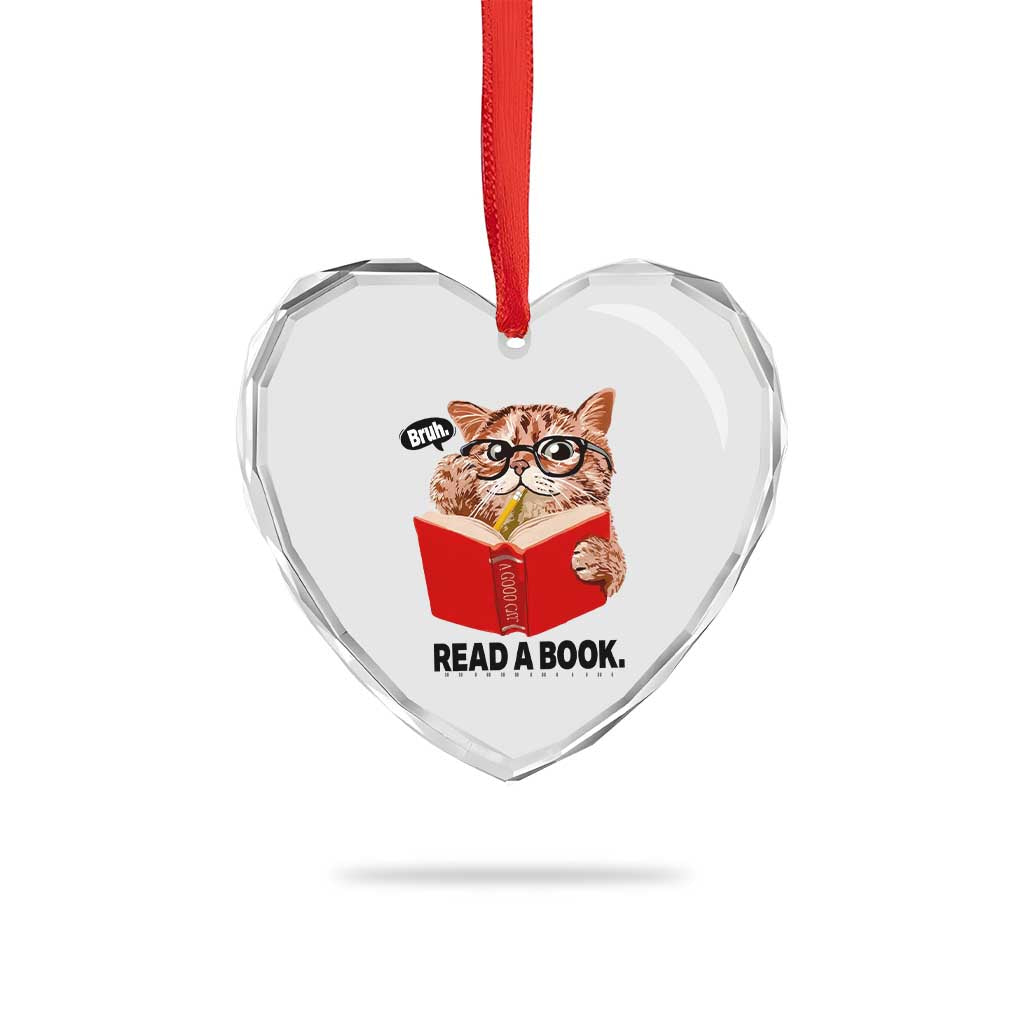 Funny Cat Reading Heart Crystal Glass Ornament Book Lover - Wonder Print Shop
