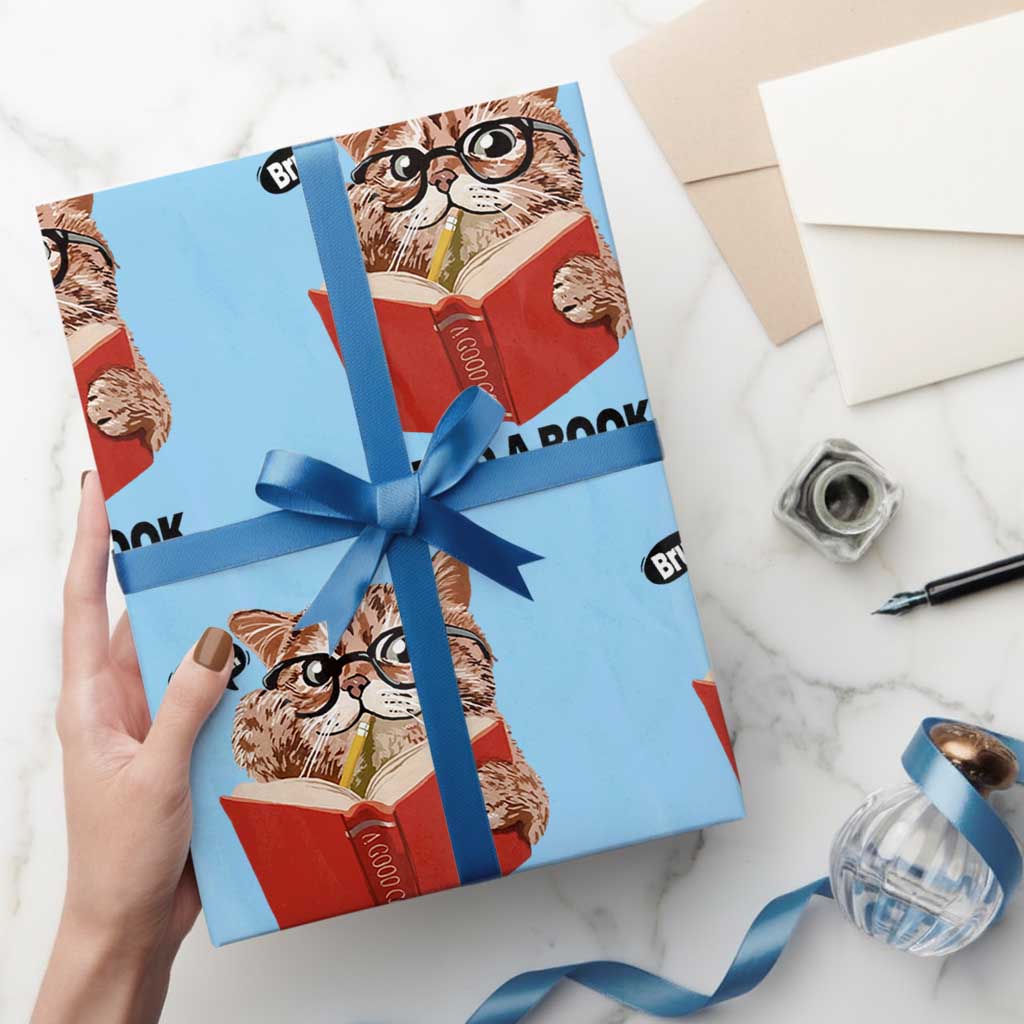 Funny Cat Reading Wrapping Paper Roll Book Lover - Wonder Print Shop