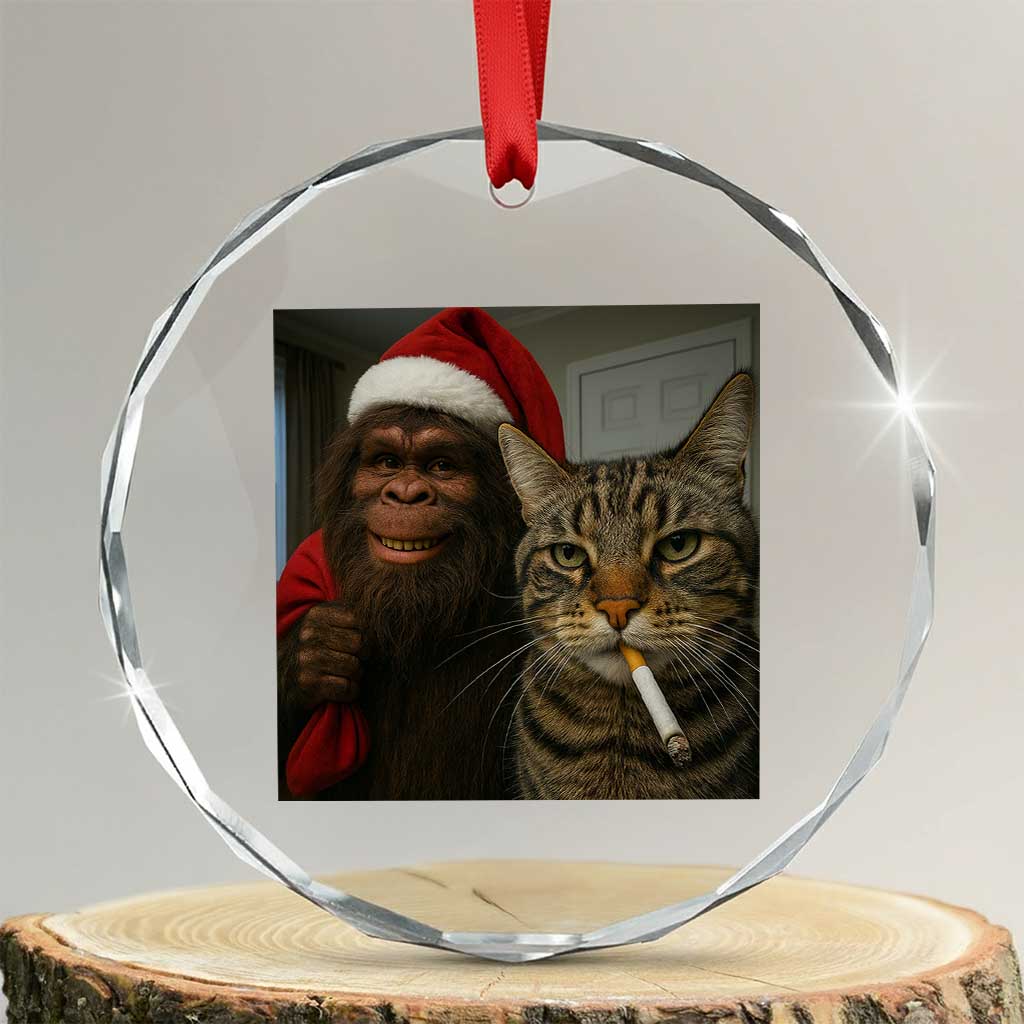 Funny Cat Selfie Bigfoot Christmas Sasquatch Crystal Glass Ornament - Wonder Print Shop