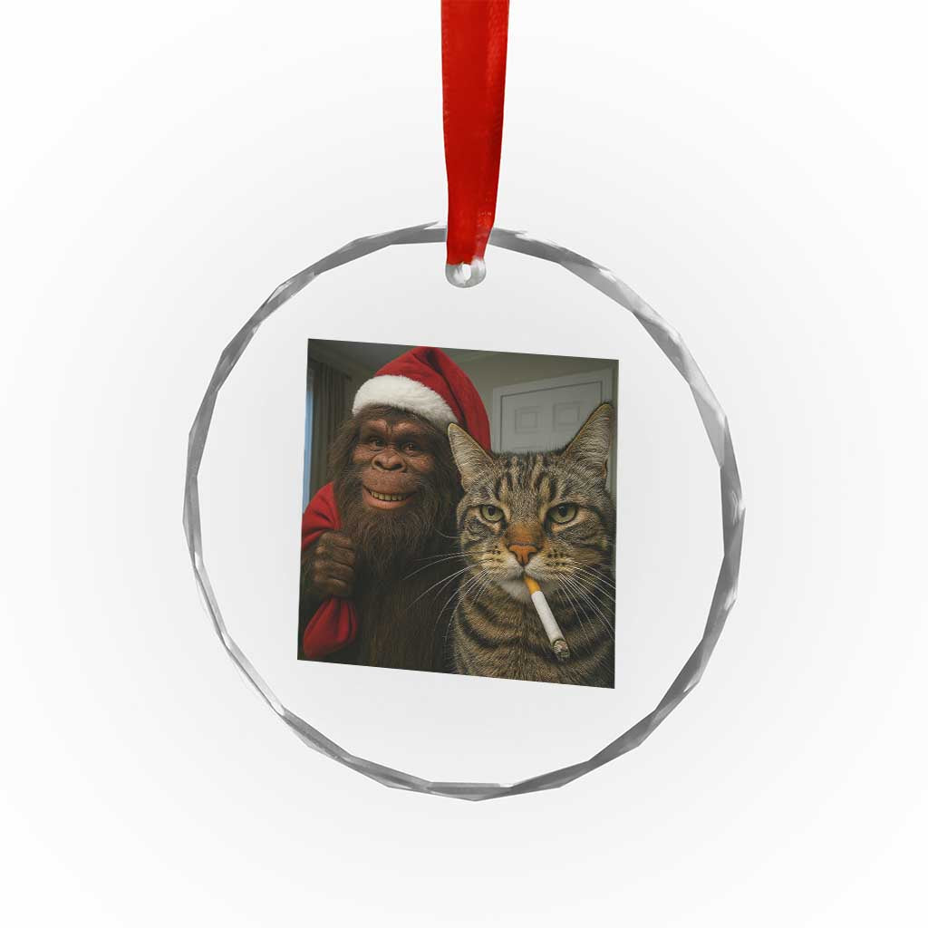 Funny Cat Selfie Bigfoot Christmas Sasquatch Crystal Glass Ornament - Wonder Print Shop