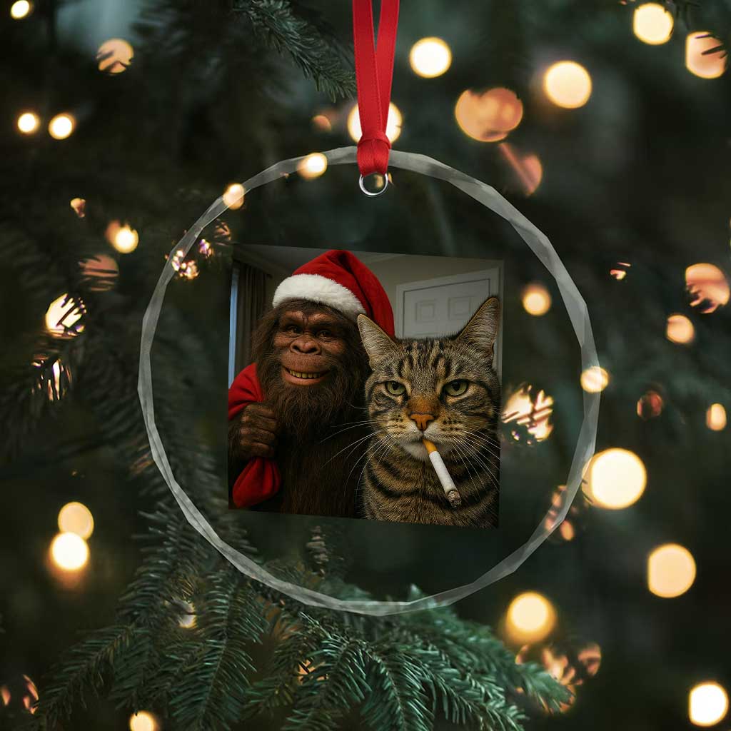 Funny Cat Selfie Bigfoot Christmas Sasquatch Crystal Glass Ornament - Wonder Print Shop