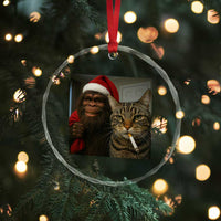 Funny Cat Selfie Bigfoot Christmas Sasquatch Crystal Glass Ornament - Wonder Print Shop