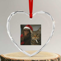 Funny Cat Selfie Bigfoot Christmas Sasquatch Heart Crystal Glass Ornament - Wonder Print Shop