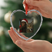 Funny Cat Selfie Bigfoot Christmas Sasquatch Heart Crystal Glass Ornament - Wonder Print Shop