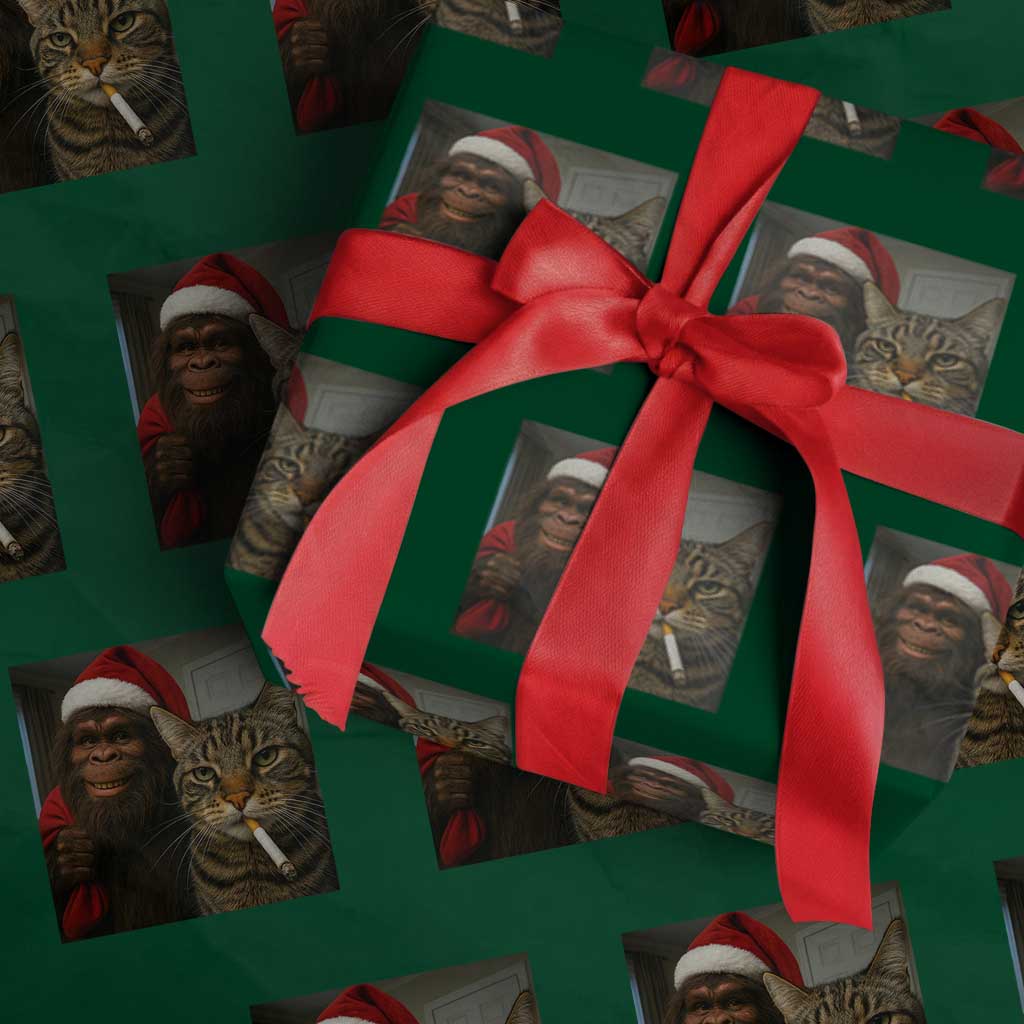 Funny Cat Selfie Bigfoot Xmas Sasquatch Wrapping Paper Roll - Wonder Print Shop