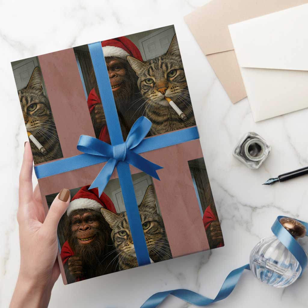 Funny Cat Selfie Bigfoot Xmas Sasquatch Wrapping Paper Roll - Wonder Print Shop