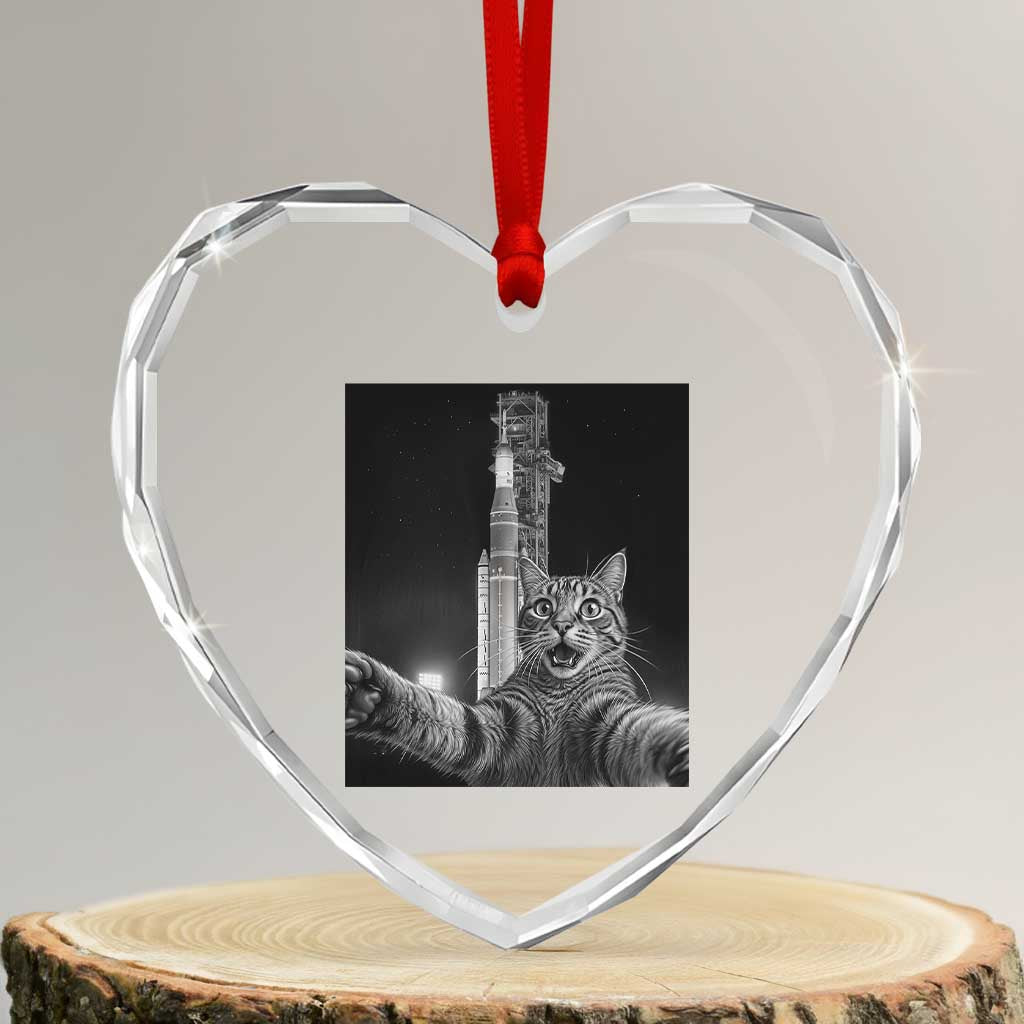Funny Cat Selfie Lunar Mission 2026 Heart Crystal Glass Ornament