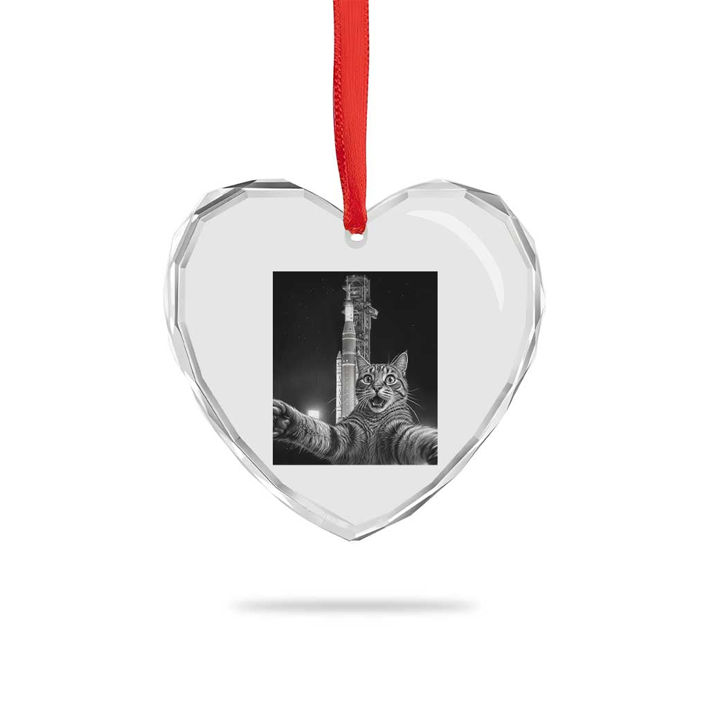 Funny Cat Selfie Lunar Mission 2026 Heart Crystal Glass Ornament