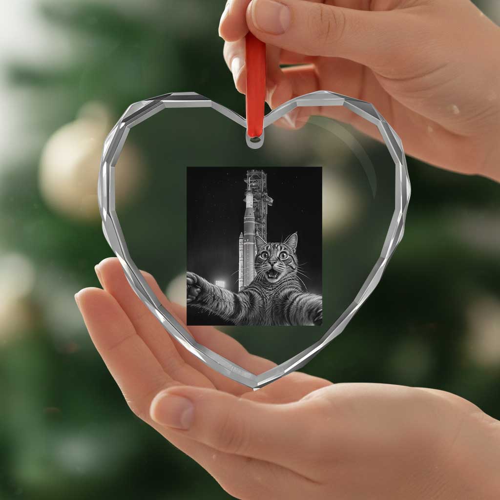 Funny Cat Selfie Lunar Mission 2026 Heart Crystal Glass Ornament