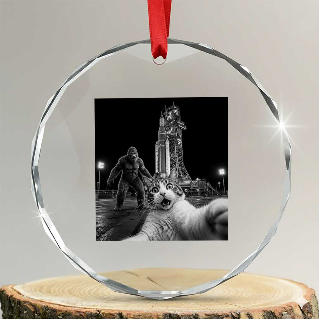 Funny Cat Selfie with Bigfoot Crystal Glass Ornament Back To The Moon Mission 2026
