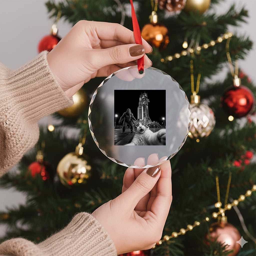 Funny Cat Selfie with Bigfoot Crystal Glass Ornament Back To The Moon Mission 2026