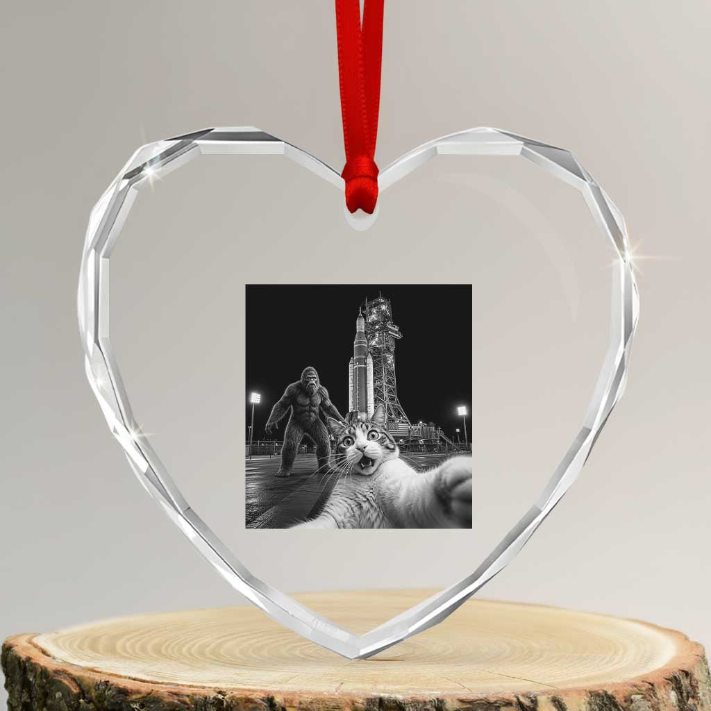 Funny Cat Selfie with Bigfoot Heart Crystal Glass Ornament Back To The Moon Mission 2026
